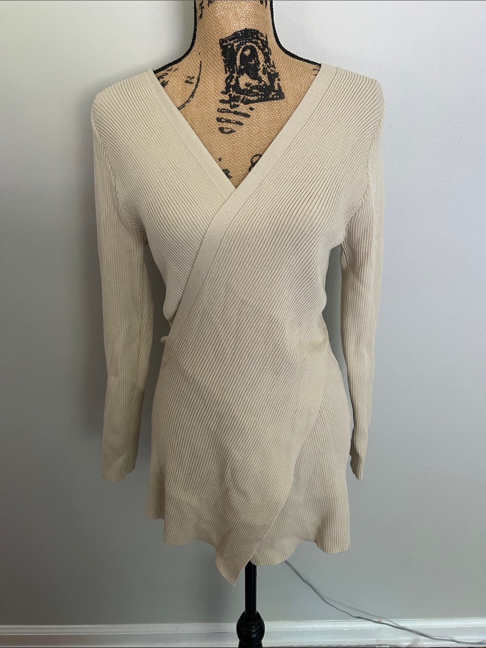 SHEIN Cream Ribbed Wrap-Front Long Sleeve Sweater